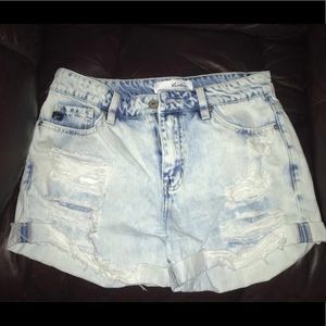 Kancan High-Rise Distressed Cuffed Denim Shorts